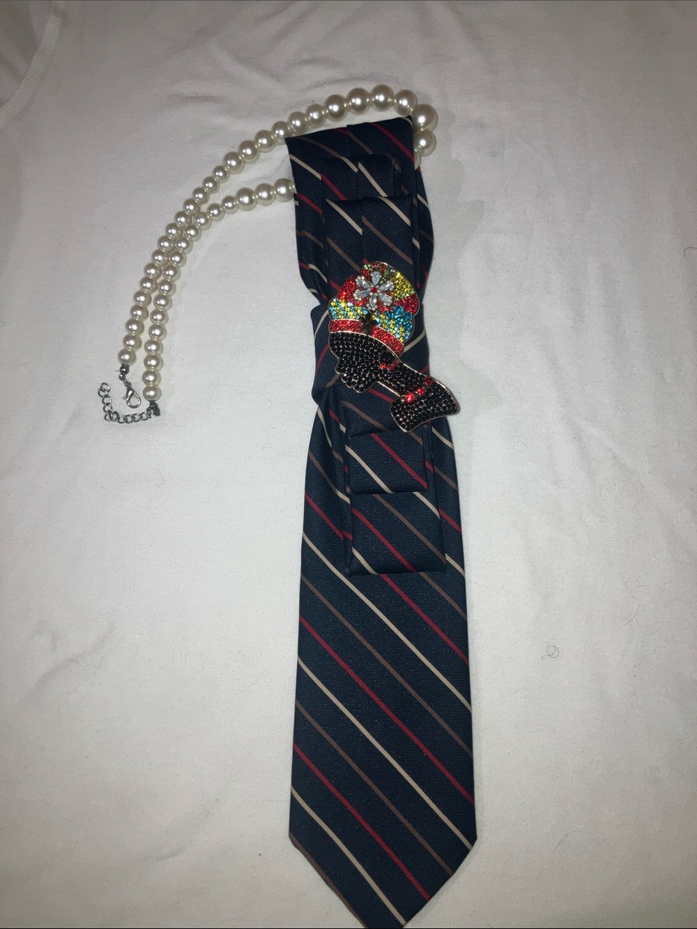 Navy Stripe Men's Tie with Multicolor Crystal Pin